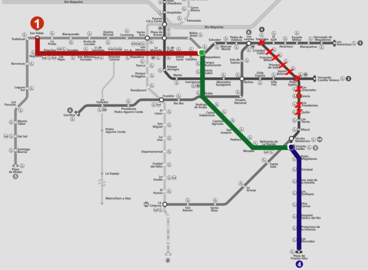 Este es el trayecto para llegar a Línea 1 desde Plaza de Puente Alto. Fuente: Metro de Santiago.