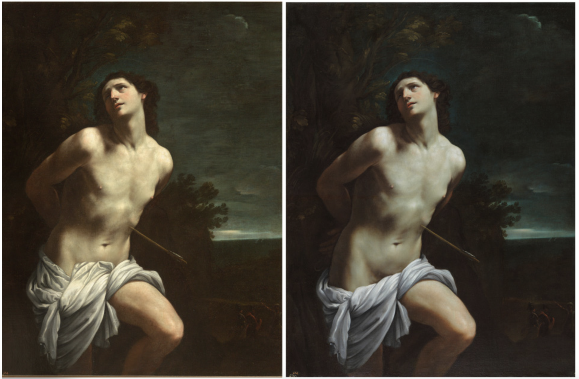 Antes y después de la restauración de San Sebastián de Guido Reni. Foto: Museo del Prado.