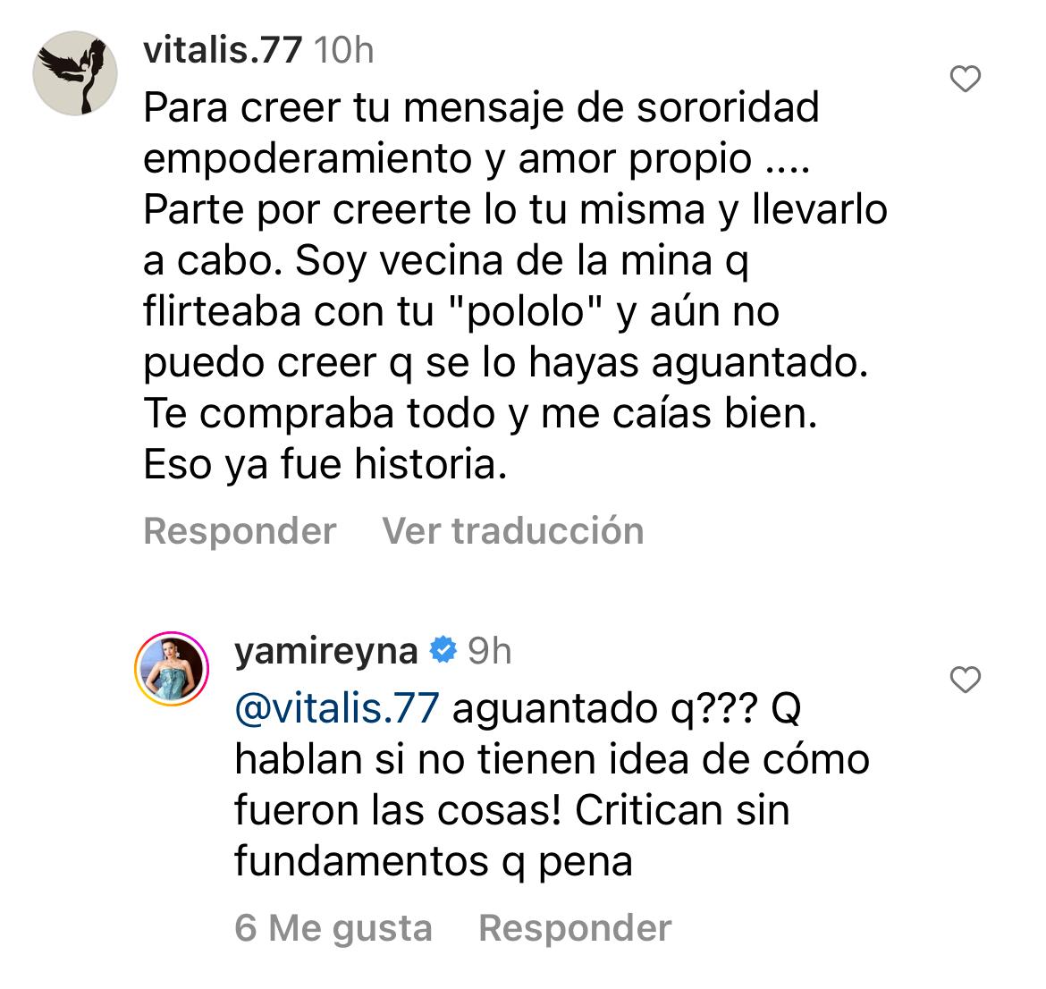 Comentario de Yamila Reyna. Fuente: Instagram (@yamireyna)