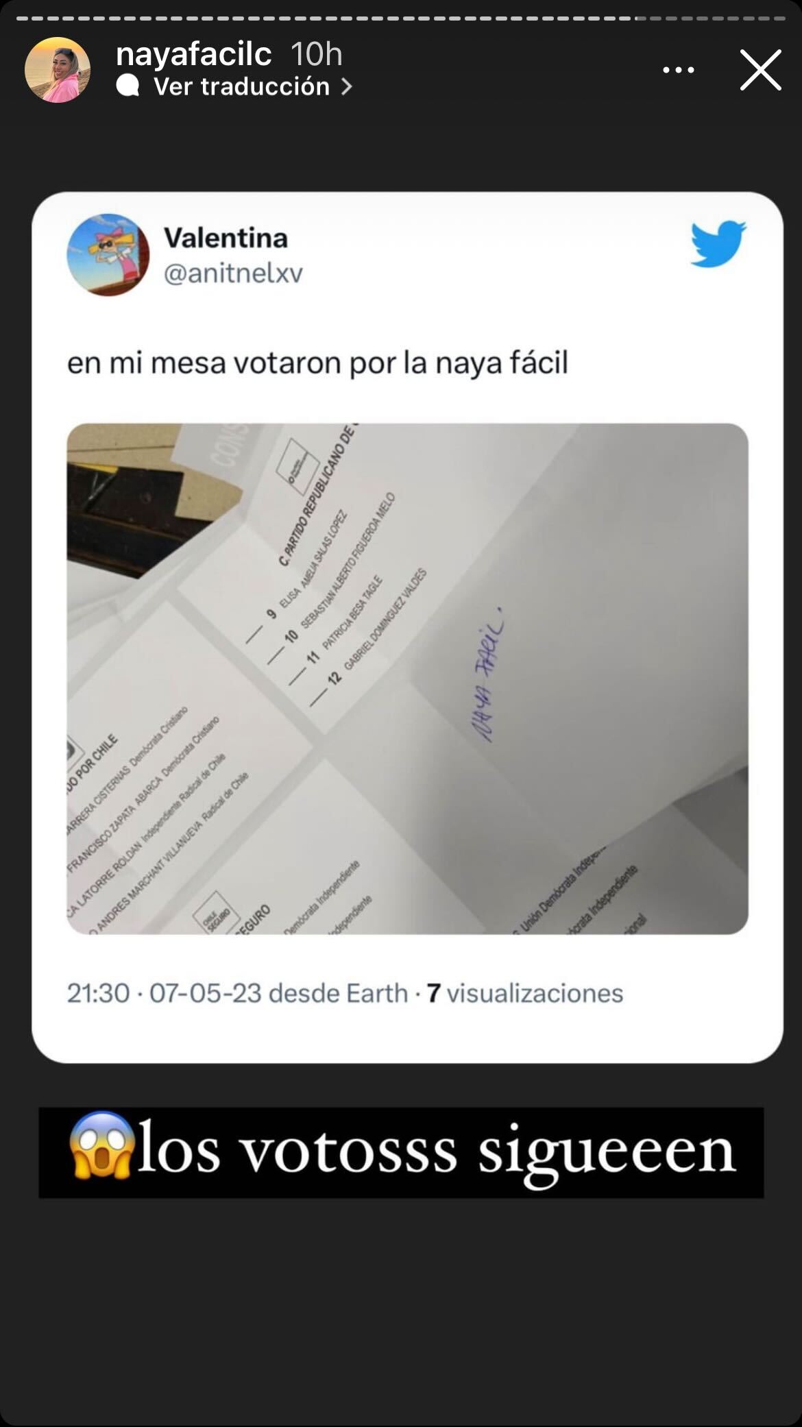 Naya Fácil agradeció votos nulos que fueron marcados con su nombre. Fuente: Instagram.