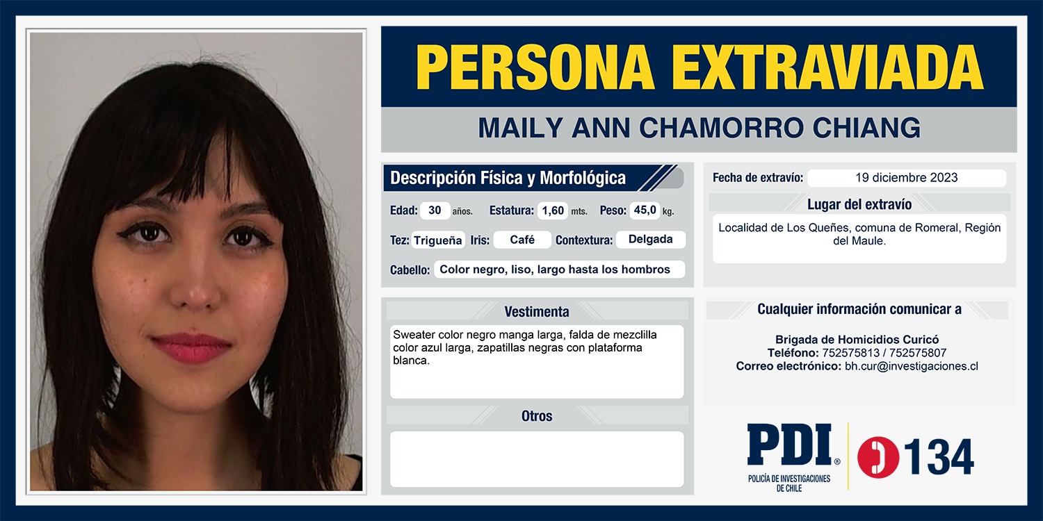 Afiche de la desaparición de Maily Ann Chamorro. Fuente: Policía de Investigaciones.