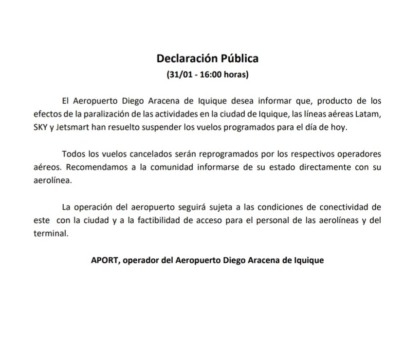 Declaración Aeropuerto Diego Aracena de Iquique