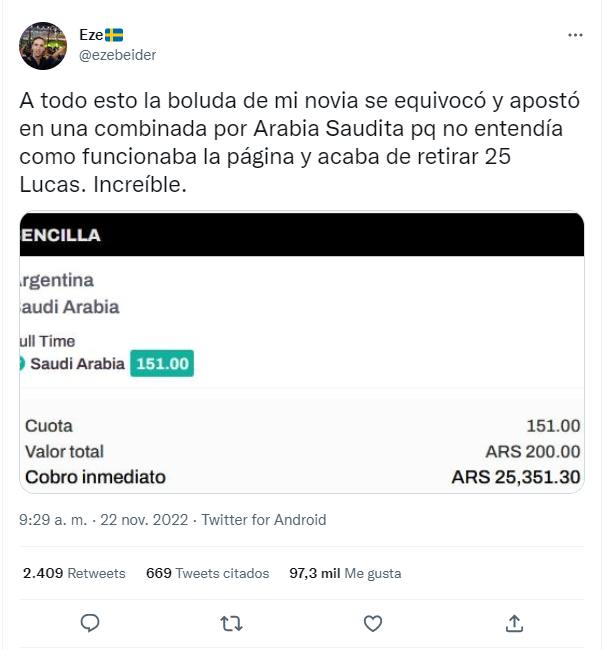 Mujer argentina apostó por Arabia Saudita. Fuente: Twitter (@ezebeider)
